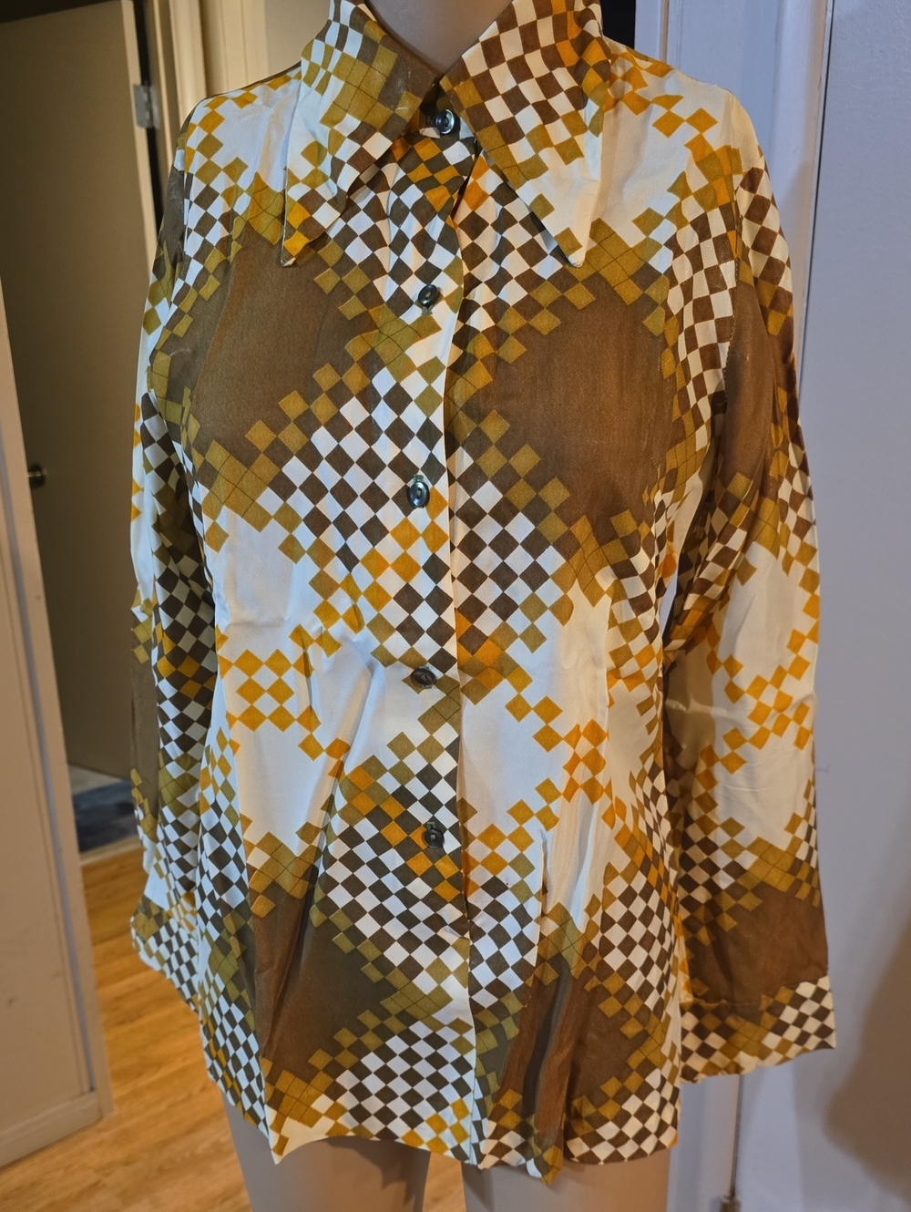 1970's Alex Colman Geometric Print Button-down shirt Mustard/Brown/White